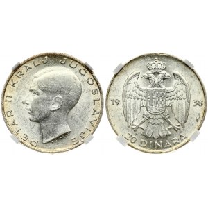 Yugoslavia 20 Dinara 1938 Petar II(1934-1945). Obverse: Head left. Reverse: Crowned double eagle with shield on breast...