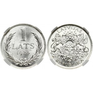 Latvia 1 Lats 1924. Obverse: Arms with supporters. Reverse: Value and date within wreath. Edge Description: Milled...