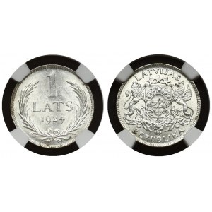 Latvia 1 Lats 1924. Obverse: Arms with supporters. Reverse: Value and date within wreath. Edge Description: Milled...