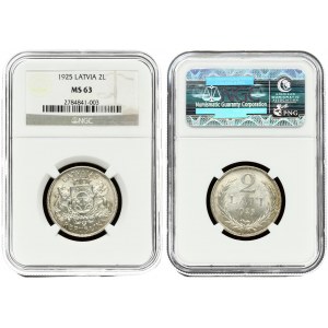 Latvia 2 Lati 1925. Obverse: Arms with supporters. Reverse: Value and date within wreath. Edge Description: Milled...