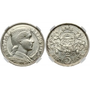 Latvia 5 Lati 1929 Obverse: Crowned head right. Reverse: Arms with supporters above value. Edge Description: DIEVS **...