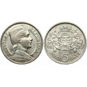 Latvia 5 Lati 1929 Obverse: Crowned head right. Reverse: Arms with supporters above value. Edge Description: DIEVS **...