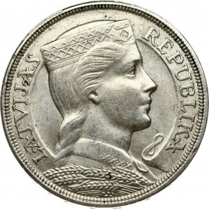 Latvia 5 Lati 1929 Obverse: Crowned head right. Reverse: Arms with supporters above value. Edge Description: DIEVS **...