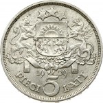 Latvia 5 Lati 1929 Obverse: Crowned head right. Reverse: Arms with supporters above value. Edge Description: DIEVS **...