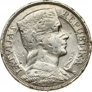 Latvia 5 Lati 1929 Obverse: Crowned head right. Reverse: Arms with supporters above value. Edge Description: DIEVS **...