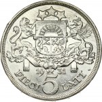 Latvia 5 Lati 1931. Obverse: Crowned head right. Reverse: Arms with supporters above value. Edge Description: DIEVS **...