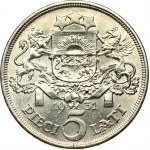 Latvia 5 Lati 1931 Obverse: Crowned head right. Reverse: Arms with supporters above value. Edge Description: DIEVS **...