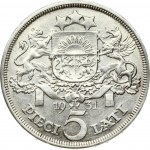 Latvia 5 Lati 1931 Obverse: Crowned head right. Reverse: Arms with supporters above value. Edge Description: DIEVS **...