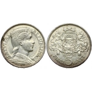 Latvia 5 Lati 1931 Obverse: Crowned head right. Reverse: Arms with supporters above value. Edge Description: DIEVS **...