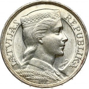 Latvia 5 Lati 1931 Obverse: Crowned head right. Reverse: Arms with supporters above value. Edge Description: DIEVS **...