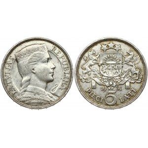 Latvia 5 Lati 1931 Obverse: Crowned head right. Reverse: Arms with supporters above value. Edge Description: DIEVS **...