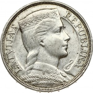 Latvia 5 Lati 1931 Obverse: Crowned head right. Reverse: Arms with supporters above value. Edge Description: DIEVS **...