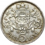 Latvia 5 Lati 1931 Obverse: Crowned head right. Reverse: Arms with supporters above value. Edge Description: DIEVS **...