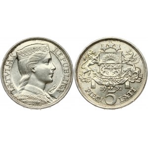 Latvia 5 Lati 1931 Obverse: Crowned head right. Reverse: Arms with supporters above value. Edge Description: DIEVS **...