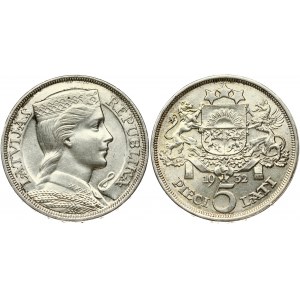 Latvia 5 Lati 1932 Obverse: Crowned head right. Reverse: Arms with supporters above value. Edge Description: DIEVS **...