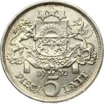 Latvia 5 Lati 1932 Obverse: Crowned head right. Reverse: Arms with supporters above value. Edge Description: DIEVS **...