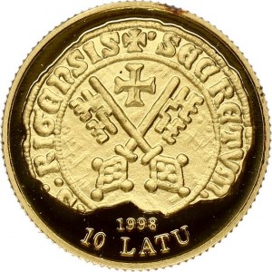 Latvia 10 Latu 1998 800th Anniversary - Riga. Obverse: City arms on old coin design. Reverse...