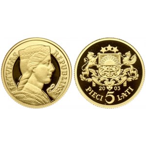Latvia 5 Lati 2003 Obverse: Bust right. Reverse: Arms with supporters above value. Edge Description: Reeded. Gold 0.999...