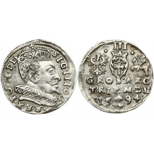 Lithuania 3 Groszy 1594 Vilnius. Sigismund III Vasa (1587-1632) Obverse: Crowned bust facing right with a longer...