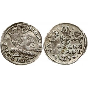 Lithuania 3 Groszy 1594 Vilnius. Sigismund III Vasa (1587-1632) Obverse: Crowned bust right. Reverse: Value...