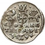 Lithuania 3 Groszy 1594 Vilnius. Sigismund III Vasa (1587-1632) Obverse: Crowned bust right. Reverse: Value...