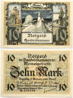 Lithuania Memel Territory 10 Mark 1922 Banknote. Obverse Lettering: Notgeld der Handelskammer des Memelgebiets 10 Mark ...