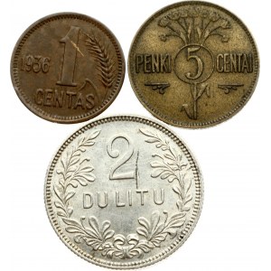 Lithuania 1 & 5 Centai & 2 Litų (1925-1936). Obverse: National arms. Reverse: Denomination within wreath...