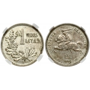 Lithuania 1 Litas 1925 Obverse: National arms. Reverse: Value above oak leaves. Edge Description: Milled. Silver. KM 76...