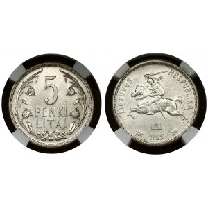 Lithuania 5 Litai 1925 Obverse: National arms. Reverse: Value within flowered flax wreath. Edge Description: Milled...