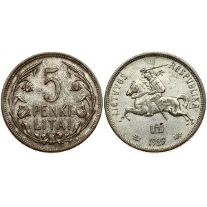 Lithuania 5 Litai 1925 Obverse: National arms. Reverse: Value within flowered flax wreath. Edge Description: Milled...