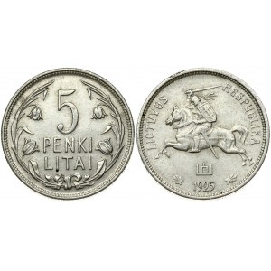 Lithuania 5 Litai 1925 Obverse: National arms. Reverse: Value within flowered flax wreath. Edge Description: Milled...