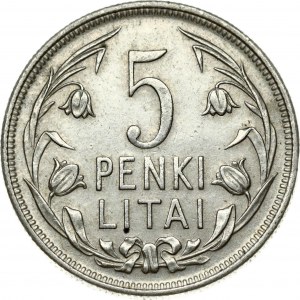 Lithuania 5 Litai 1925 Obverse: National arms. Reverse: Value within flowered flax wreath. Edge Description: Milled...