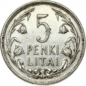 Lithuania 5 Litai 1925 Obverse: National arms. Reverse: Value within flowered flax wreath. Edge Description: Milled...