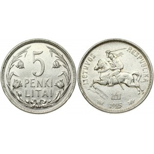 Lithuania 5 Litai 1925 Obverse: National arms. Reverse: Value within flowered flax wreath. Edge Description: Milled...