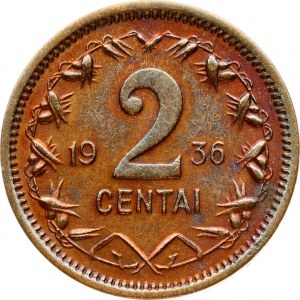 Lithuania 2 Centai 1936 Obverse: National arms. Reverse: Large value divides date within wreath. Edge Description...