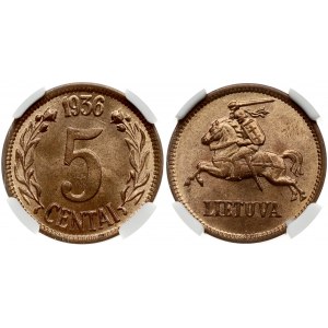 Lithuania 5 Centai 1936 Obverse: National arms. Reverse: Large value within wreath date on top. Edge Description: Plain...