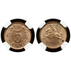 Lithuania 5 Centai 1936 Obverse: National arms. Reverse: Large value within wreath date on top. Edge Description: Plain...