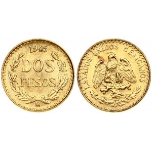 Mexico 2 Pesos 1945 Obverse: National arms. Reverse: Date above value within wreath. Gold 1.65g...