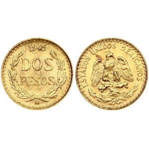 Mexico 2 Pesos 1945 Obverse: National arms. Reverse: Date above value within wreath. Gold 1.65g...