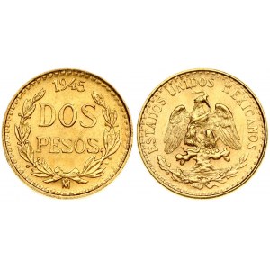 Mexico 2 Pesos 1945 Obverse: National arms. Reverse: Date above value within wreath. Gold 1.65g...