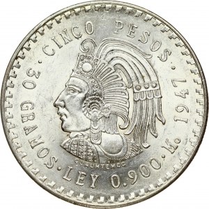 Mexico 5 Pesos 1947 Obverse: National arms; eagle left. Reverse: Head with headdress left. Edge Description: Reeded...