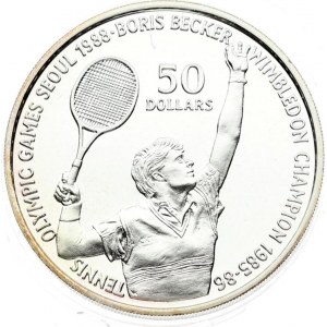 Niue 50 Dollars 1987 Tennis. Obverse: Crowned arms within sprigs. Reverse: Boris Becker. Silver...