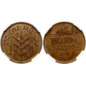 Palestine 1 Mil 1942 Obverse: Inscription PALESTINE; in English; Hebrew and Arabic. Reverse: Value, plant...