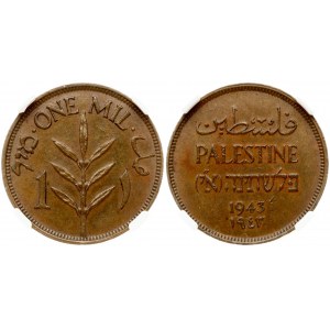 Palestine 1 Mil 1943 Obverse: Inscription PALESTINE; in English; Hebrew and Arabic. Reverse: Value, plant...