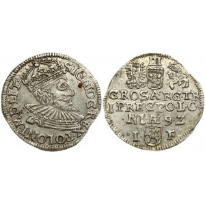 Poland 3 Groszy 1592 Olkusz. Sigismund III Vasa (1587-1632). Obverse: Crowned bust right. Reverse: Value; divided date...