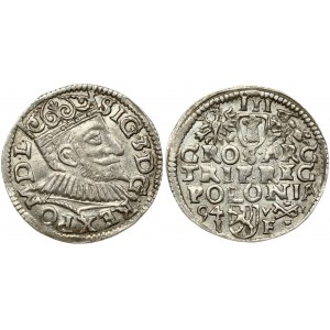 Poland 3 Groszy 1594 Poznan. Sigismund III Vasa (1587-1632). Obverse: Crowned bust right. Reverse: Value; divided date...