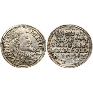Poland 3 Groszy 1597 Olkusz Sigismund III Vasa (1587-1632). Obverse: Crowned bust right. Reverse: Value; divided date...