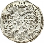 Poland 3 Groszy 1597 Bydgoszcz Obverse: Crowned bust right. Reverse: Value; divided date; symbols and two...