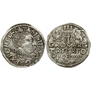 Poland 3 Groszy 1599 Poznan. Sigismund III Vasa (1587-1632). Obverse: Crowned bust right. Reverse: Value; divided date...