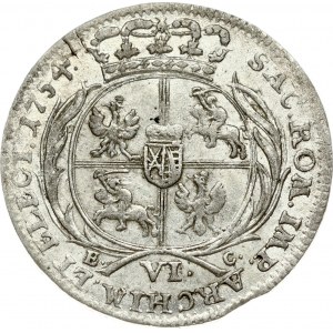 Poland 6 Groszy 1754 EC August III(1733-1763). Obverse: Large crowned bust right. Reverse: Crowned arms within sprigs...